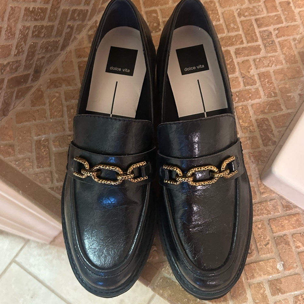 Dolce Vita Glossy Black Loafers with Gold Accent